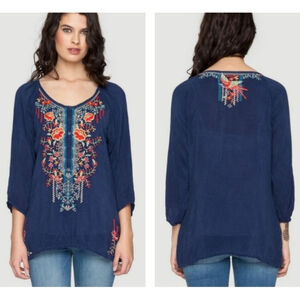 Johnny Was Olivia Blue Embroidered Peasant Top M